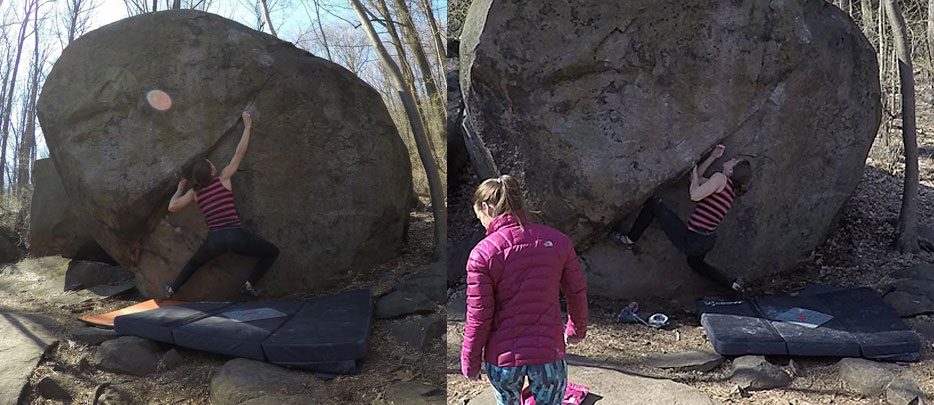 Aleksandra Dagunts demonstrating "turn out" climbing on the lift and "turn in" climbing on the right